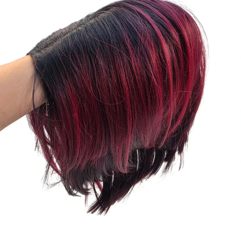 Short Burgundy Red Ombre Bob Wig Lace Front Black Roots Straight Synthetic Hair
